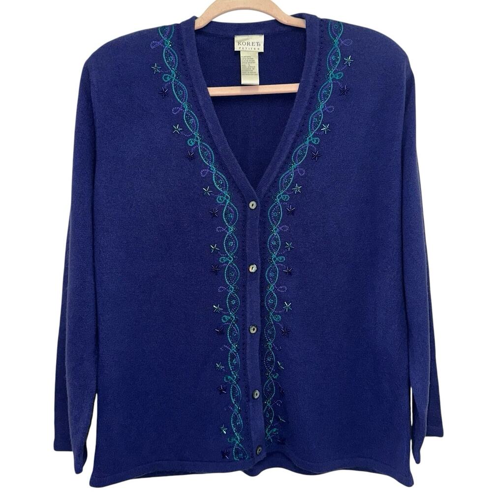 Beaded Cardigan Sweater Petite Large Purple‎ Embroidered Button Front